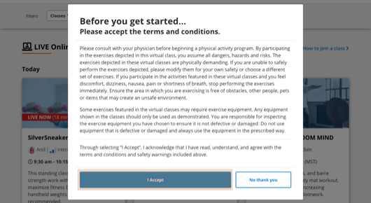 Online Classes Terms and Conditions Popup